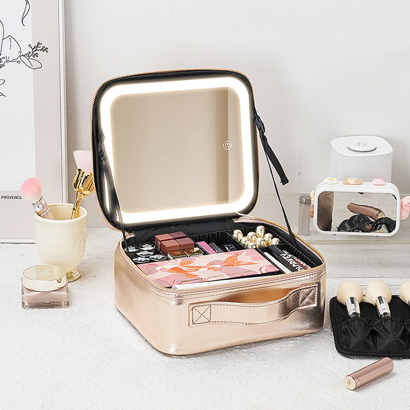 Cosmetic Bag with mirror with light large capacity makeup cosmetic storage bag portable travel removable partition bag