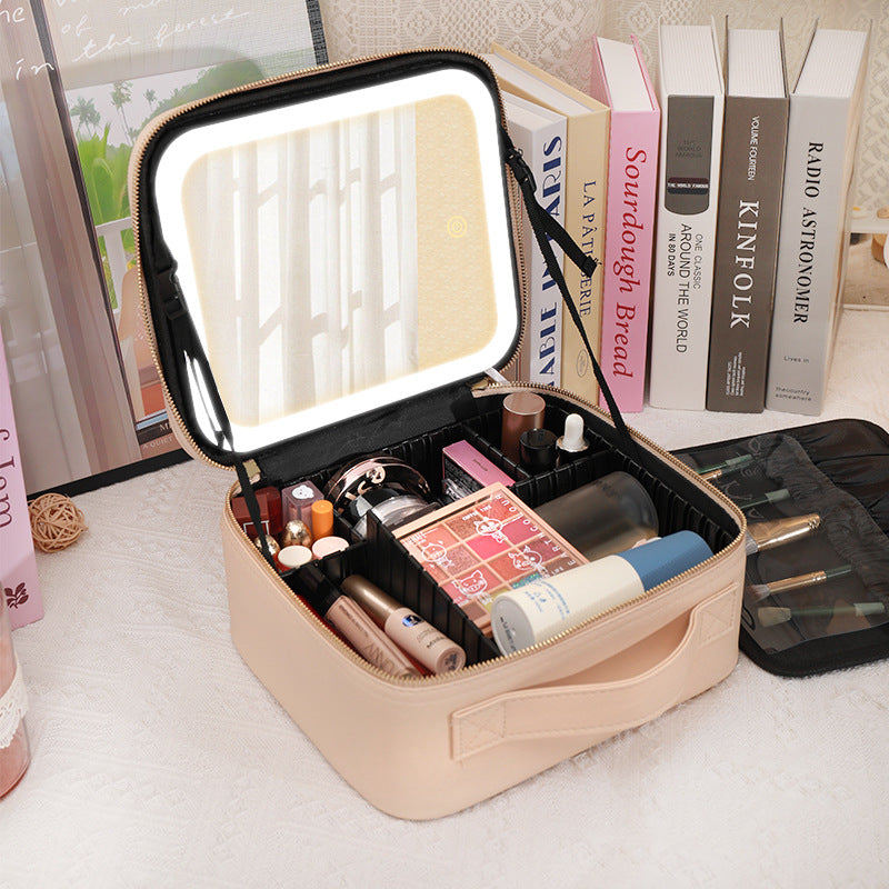Cosmetic Bag with mirror with light large capacity makeup cosmetic storage bag portable travel removable partition bag