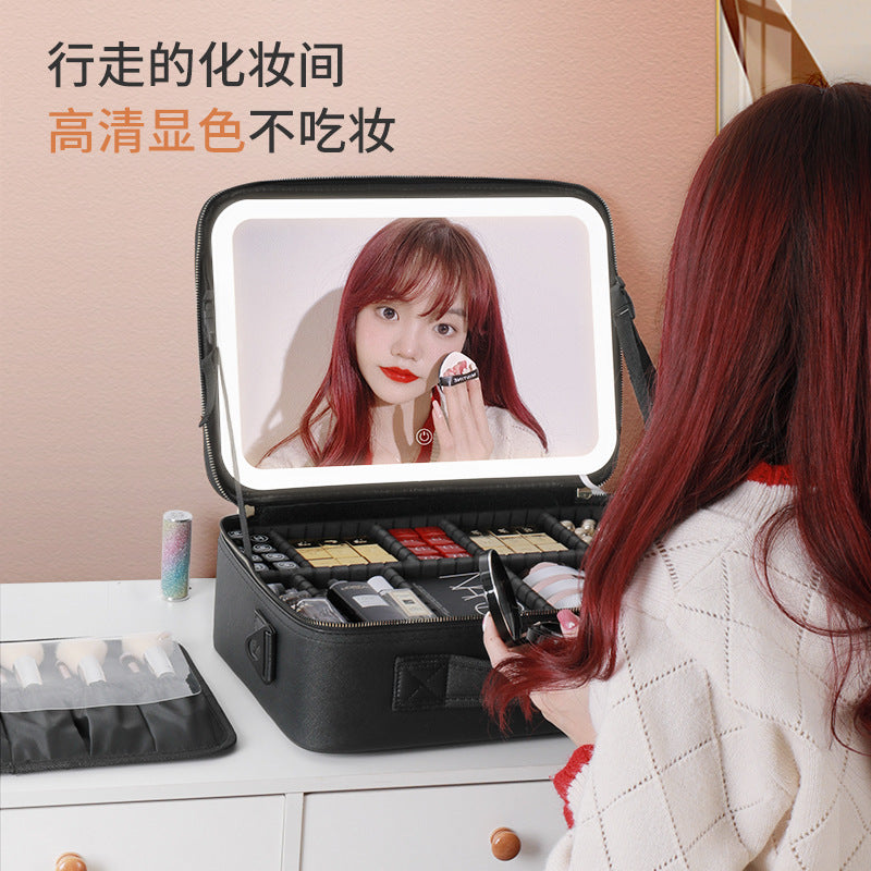 Cosmetic Bag with mirror with light large capacity makeup cosmetic storage bag portable travel removable partition bag
