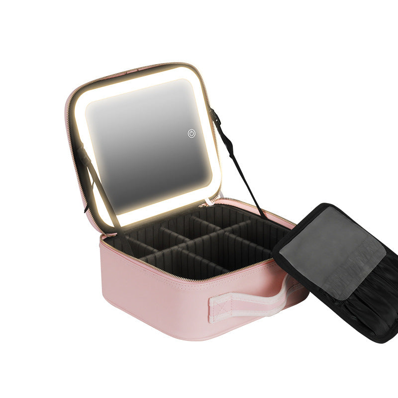 Cosmetic Bag with mirror with light large capacity makeup cosmetic storage bag portable travel removable partition bag