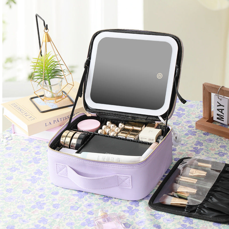 Cosmetic Bag with mirror with light large capacity makeup cosmetic storage bag portable travel removable partition bag
