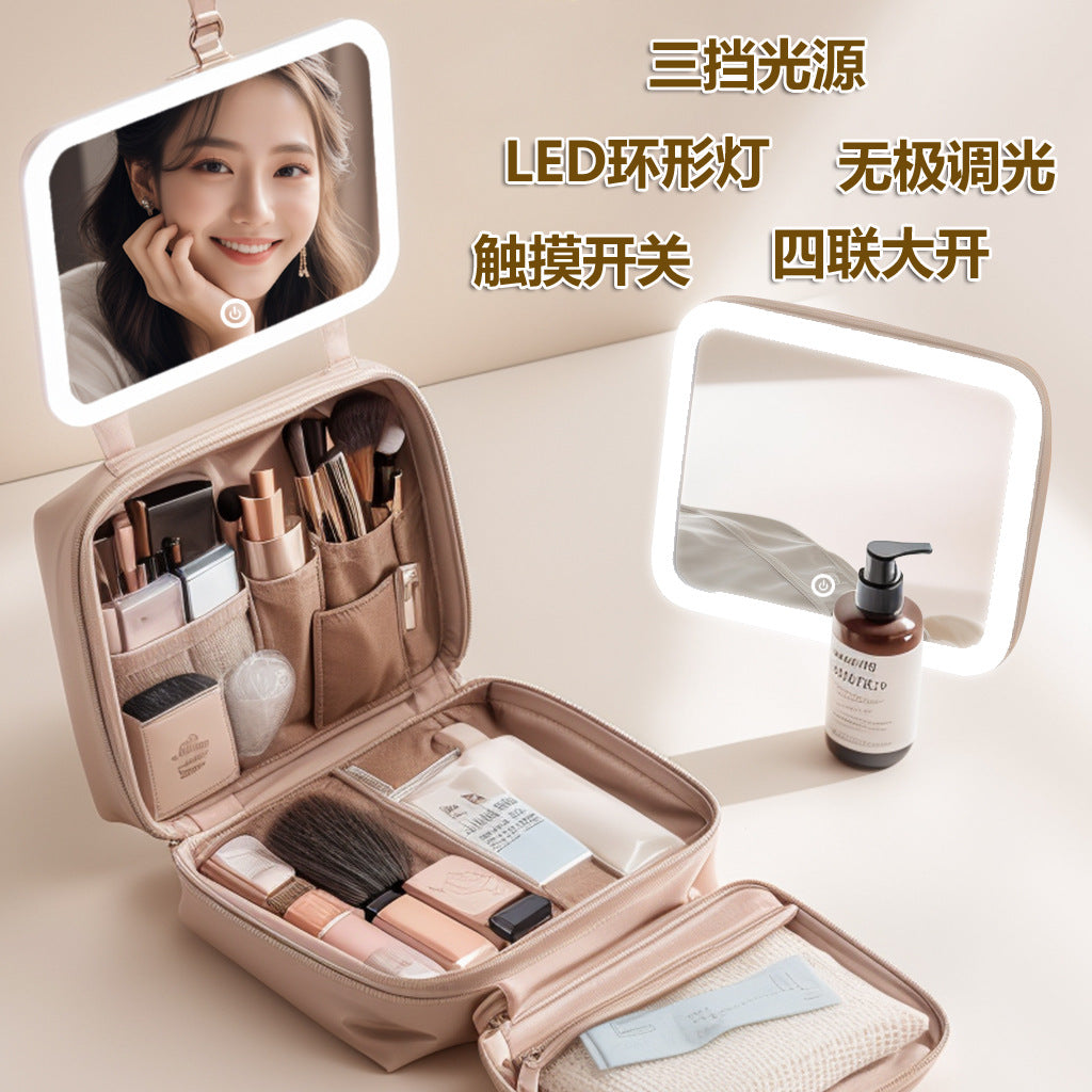 LED with Mirror Cosmetic Bag Light Luxury High-end Toiletry Bag 2024 New Portable Large Capacity Brush Transparent Ins