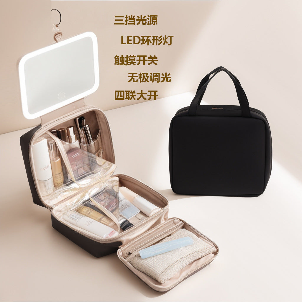 LED with Mirror Cosmetic Bag Light Luxury High-end Toiletry Bag 2024 New Portable Large Capacity Brush Transparent Ins