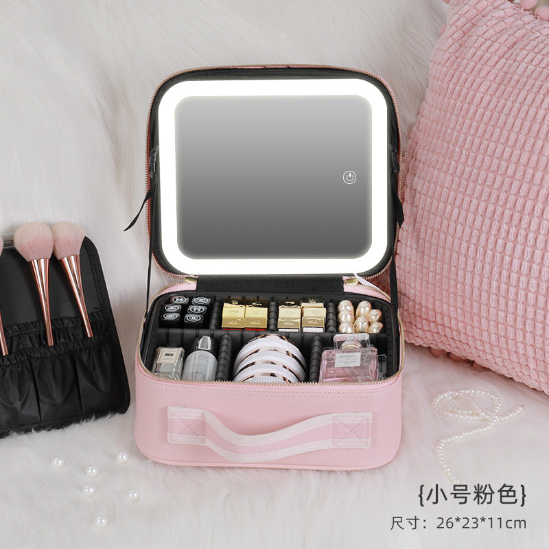 Cosmetic Bag with mirror with light large capacity makeup cosmetic storage bag portable travel removable partition bag