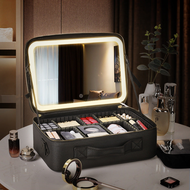 Cosmetic Bag with mirror with light large capacity makeup cosmetic storage bag portable travel removable partition bag