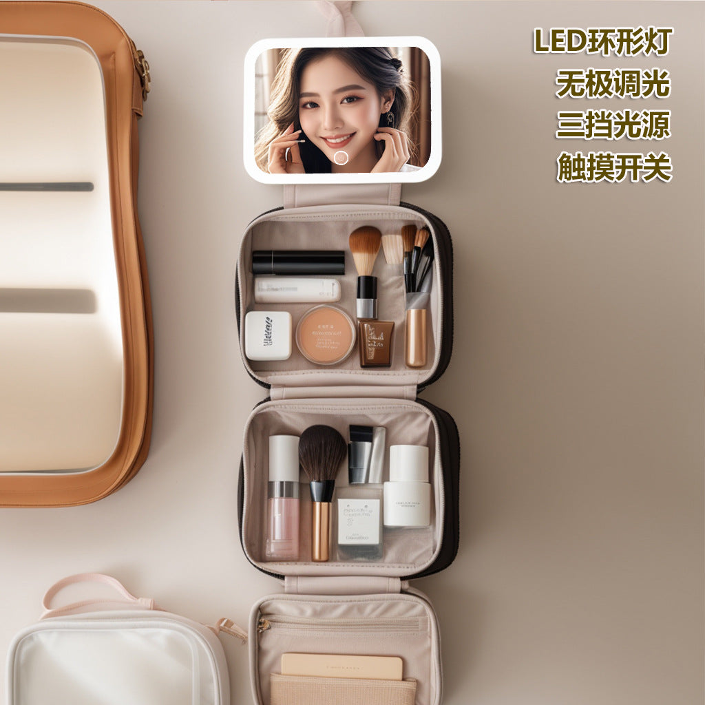 LED with Mirror Cosmetic Bag Light Luxury High-end Toiletry Bag 2024 New Portable Large Capacity Brush Transparent Ins