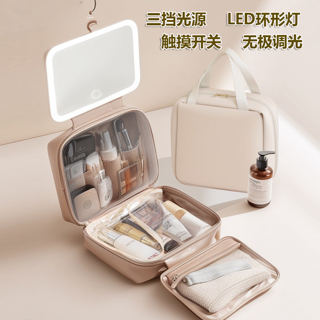 LED with Mirror Cosmetic Bag Light Luxury High-end Toiletry Bag 2024 New Portable Large Capacity Brush Transparent Ins