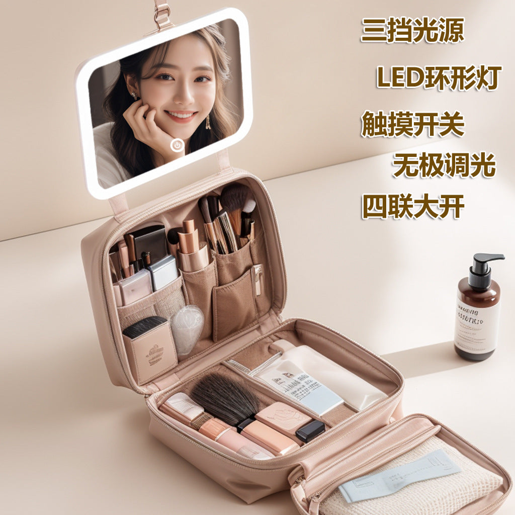LED with Mirror Cosmetic Bag Light Luxury High-end Toiletry Bag 2024 New Portable Large Capacity Brush Transparent Ins
