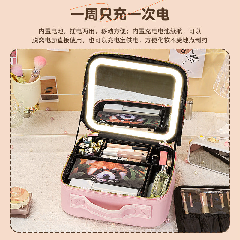 New Style Cosmetic Bag with Light and Mirror Led Light Rechargeable Portable Travel Makeup Cosmetics Cosmetics Bag Ins Style