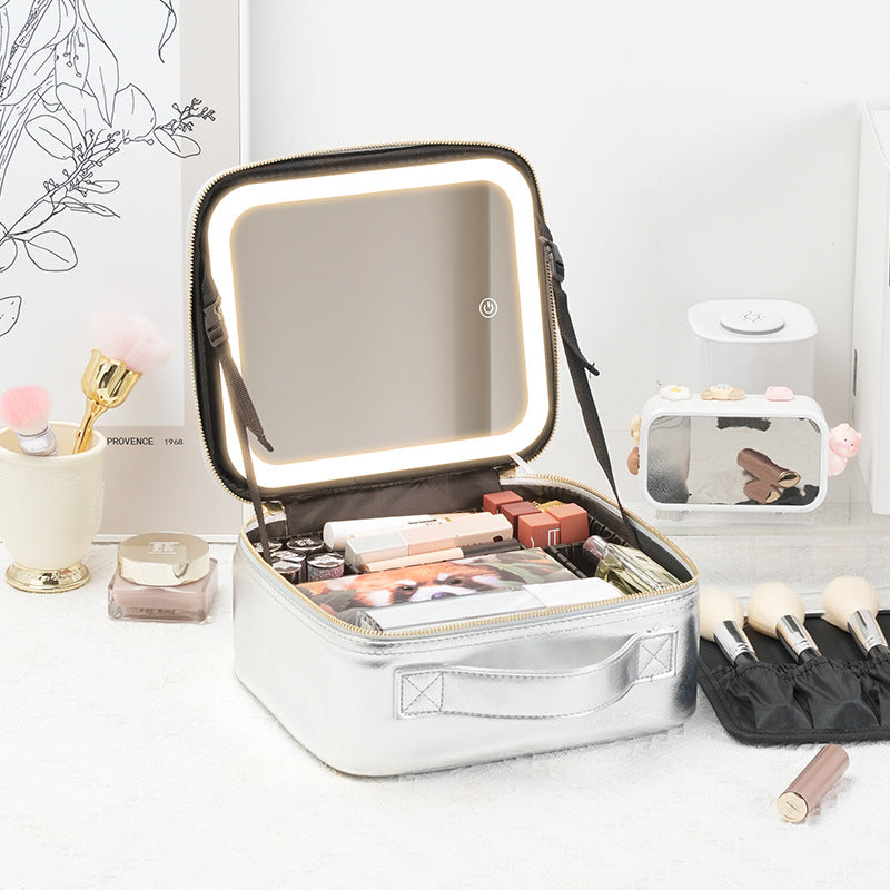 New Style Cosmetic Bag with Light and Mirror Led Light Rechargeable Portable Travel Makeup Cosmetics Cosmetics Bag Ins Style