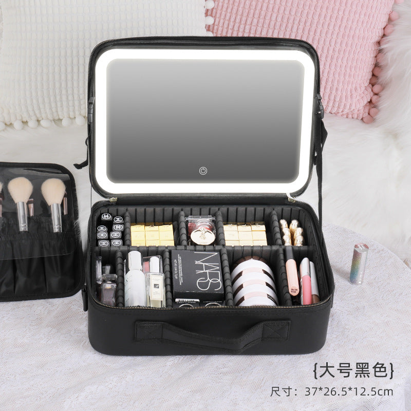 Cosmetic Bag with mirror with light large capacity makeup cosmetic storage bag portable travel removable partition bag