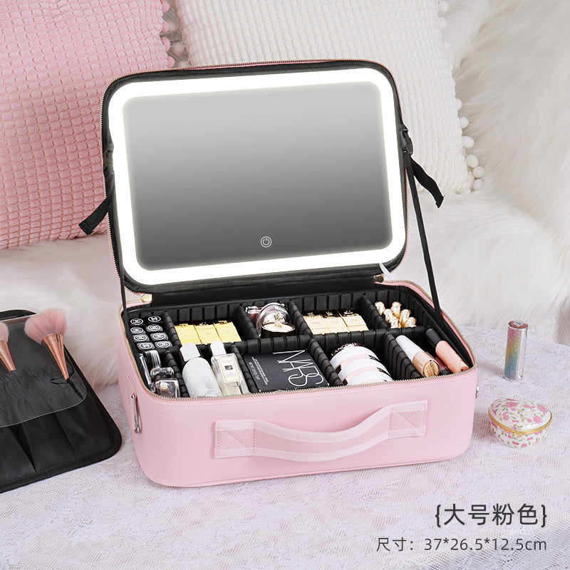 Cosmetic Bag with mirror with light large capacity makeup cosmetic storage bag portable travel removable partition bag