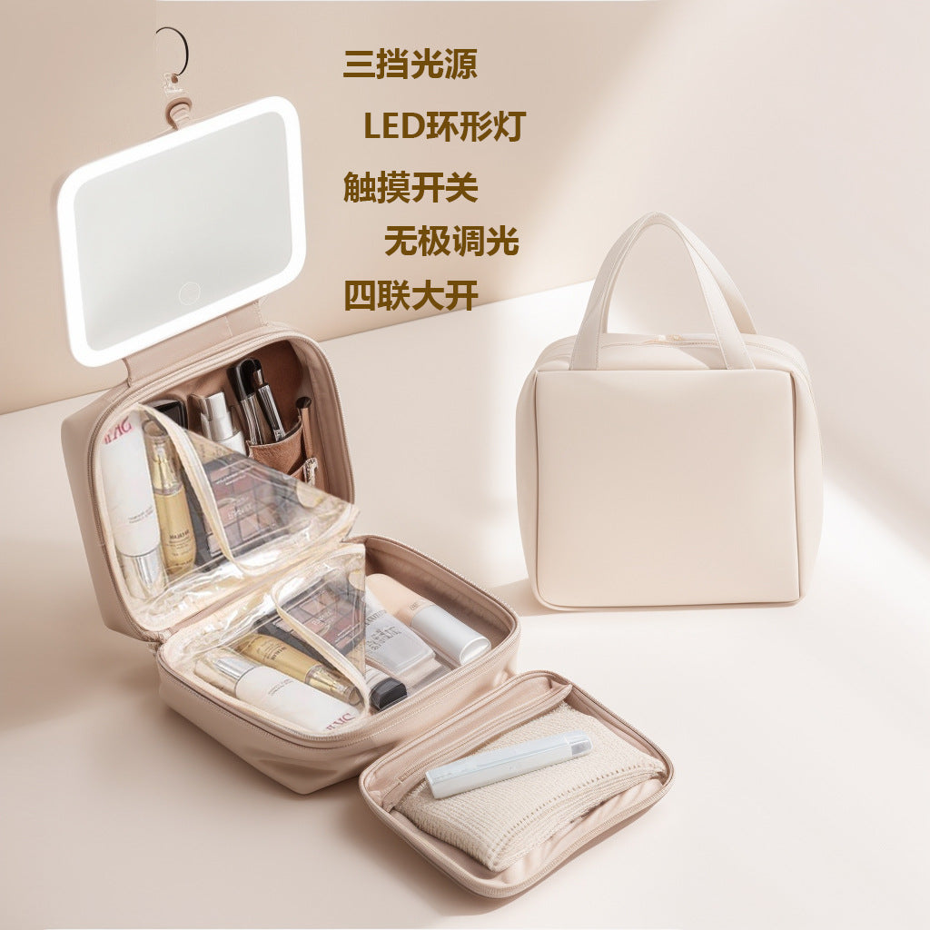 LED with Mirror Cosmetic Bag Light Luxury High-end Toiletry Bag 2024 New Portable Large Capacity Brush Transparent Ins