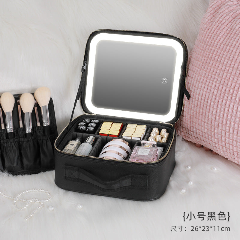 Cosmetic Bag with mirror with light large capacity makeup cosmetic storage bag portable travel removable partition bag
