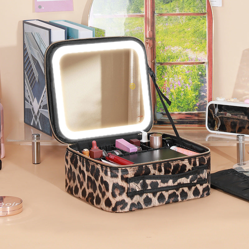 Cosmetic Bag with mirror with light large capacity makeup cosmetic storage bag portable travel removable partition bag