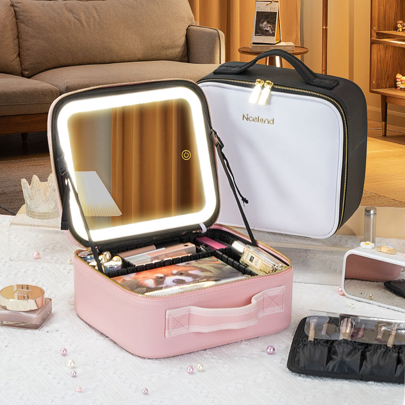New Style Cosmetic Bag with Light and Mirror Led Light Rechargeable Portable Travel Makeup Cosmetics Cosmetics Bag Ins Style