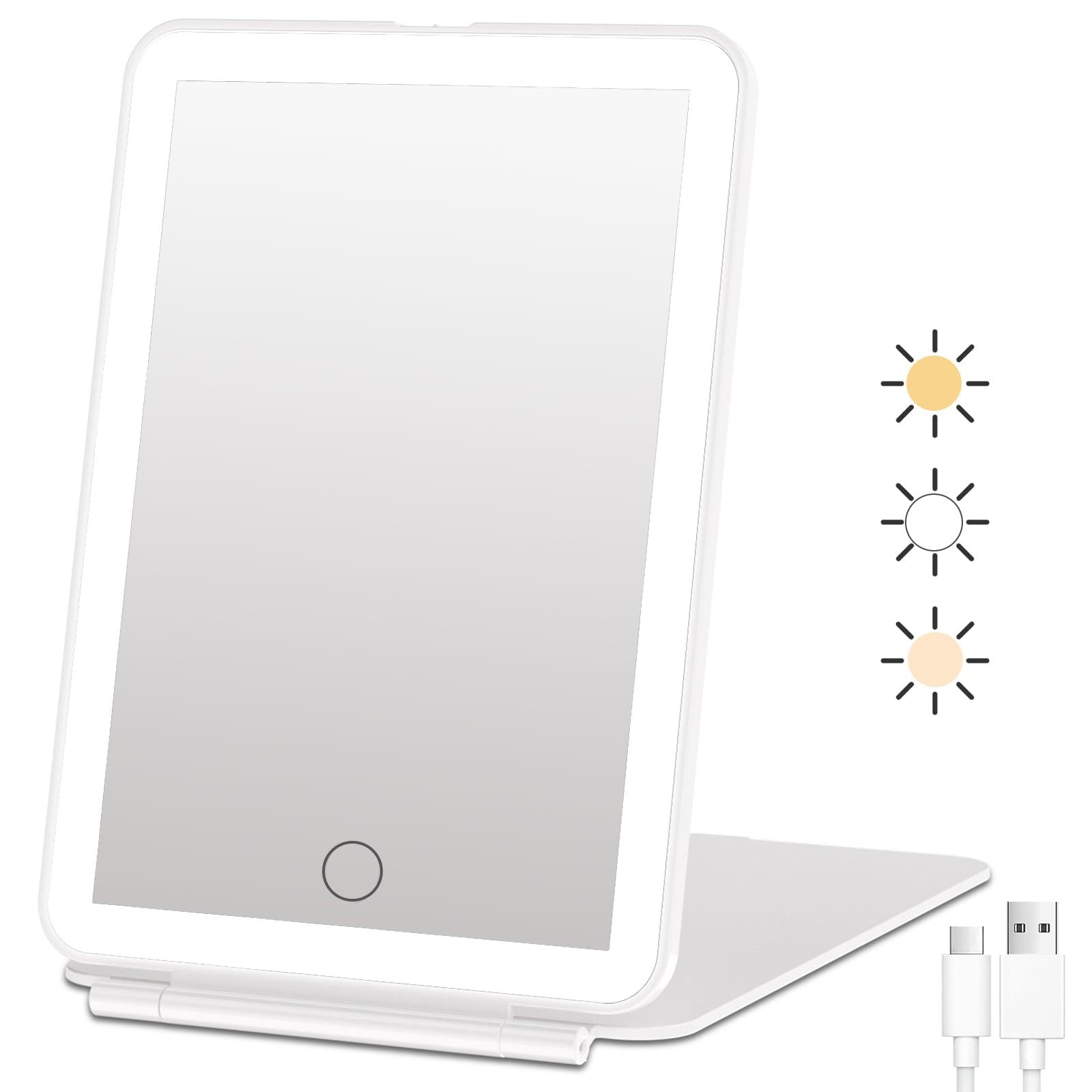 Led Makeup Mirror with Three-Color Light, Touch-Sensitive Dimmable Makeup Mirror, Flip-Top Beauty Mirror, Vanity Mirror