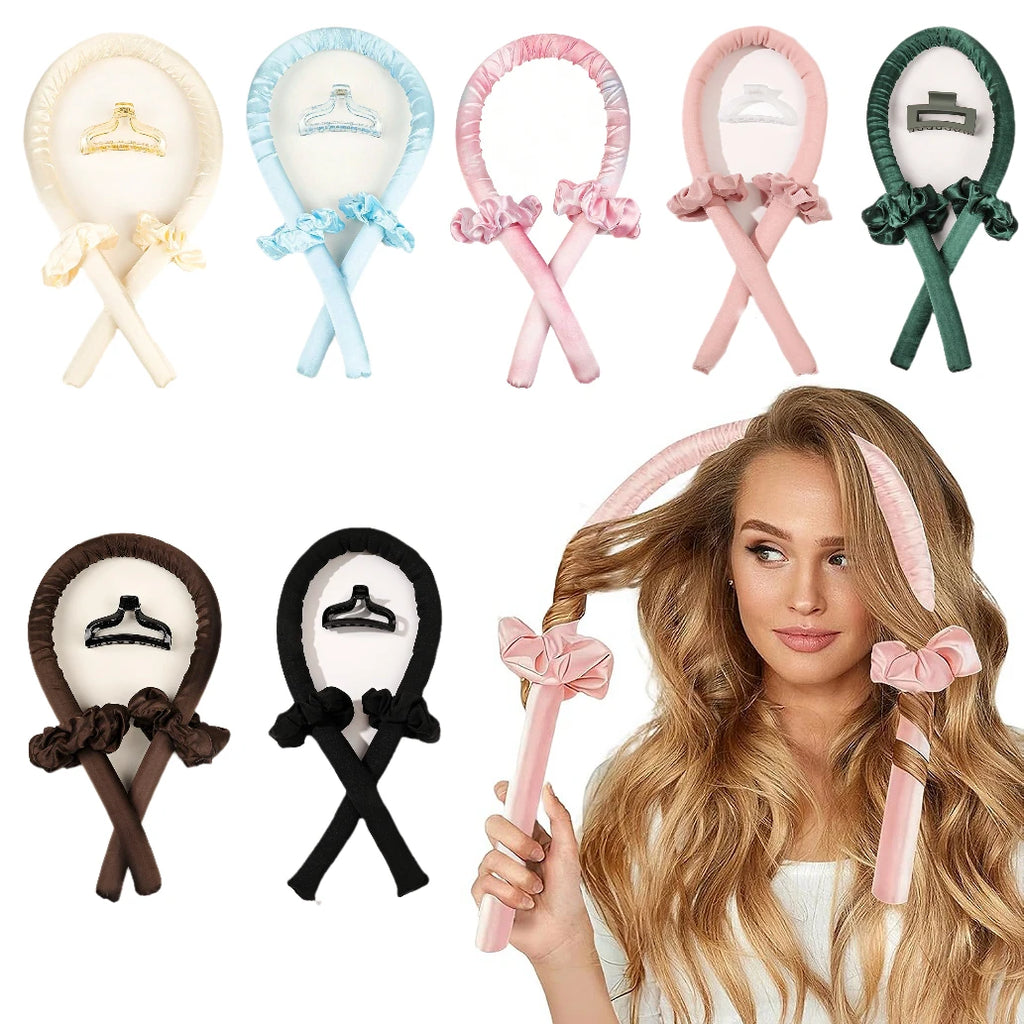 Heatless Curling Rod Headband No Heat Silk Ribbon Hair Roller Curls with Hair Claw Clip Lazy Natural Soft Wave DIY Styling Tool