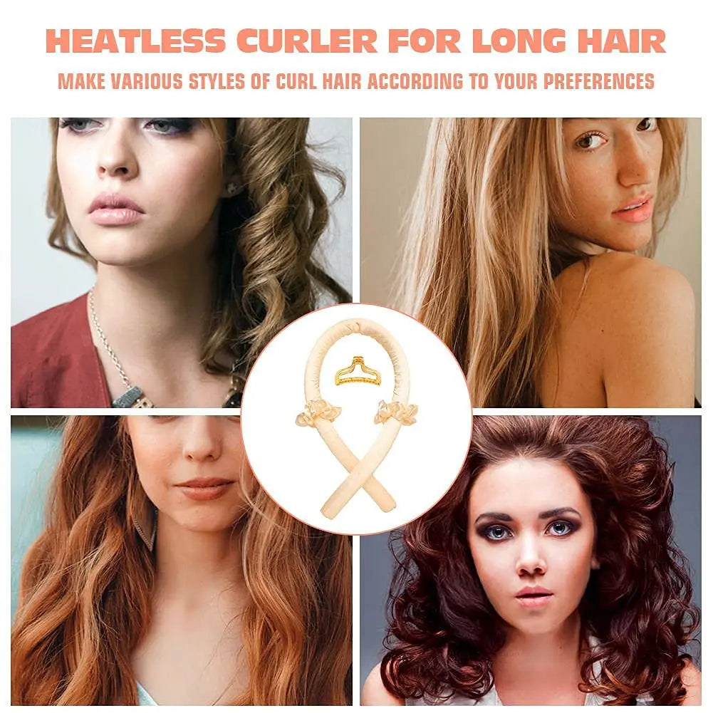 Heatless Curling Rod Headband No Heat Silk Ribbon Hair Roller Curls with Hair Claw Clip Lazy Natural Soft Wave DIY Styling Tool