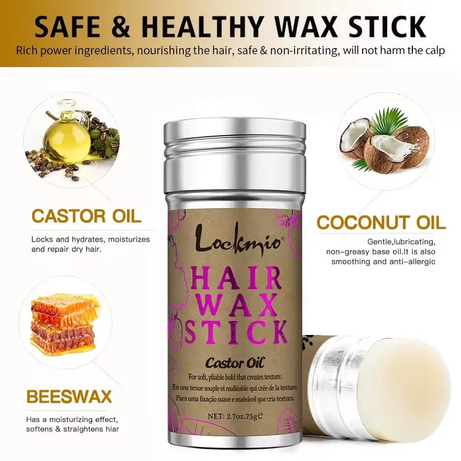 LOCKMIO 75g Hair Wax Stick With Castor Oil Tames Frizz Smooth Flyaways Strong Hold Edge Styling Finishing Broken Hair Pomade Wax